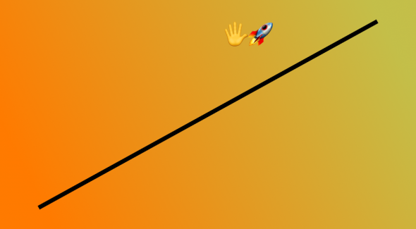 An abstract digital image with a gradient background transitioning from orange to yellow. A black inclined line cuts across the image diagonally from bottom left to upper right. Near the upper end of the line, there is a cartoonish red and blue rocket with a flame at the rear, appearing to ascend the line. To the left of the rocket, floating against the gradient, is a stylized, flat-designed yellow hand with fingers spread out, both icons suggesting the name handmade spaceships.