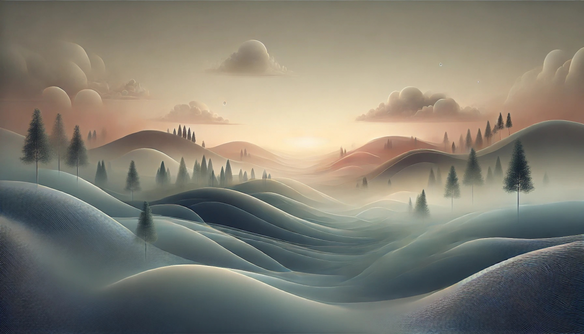 A minimal and symbolic landscape representing the future in a wide format. The scene features abstract hills and trees subtly glowing with subdued, ethereal light, blending with soft, misty clouds. The sky has a gradient of gentle, muted colors, hinting at dawn or dusk, symbolizing transition and hope. No concrete structures, letters, numbers, or defined objects, just fluid, organic shapes blending harmoniously, reflecting a sense of calm progression.
