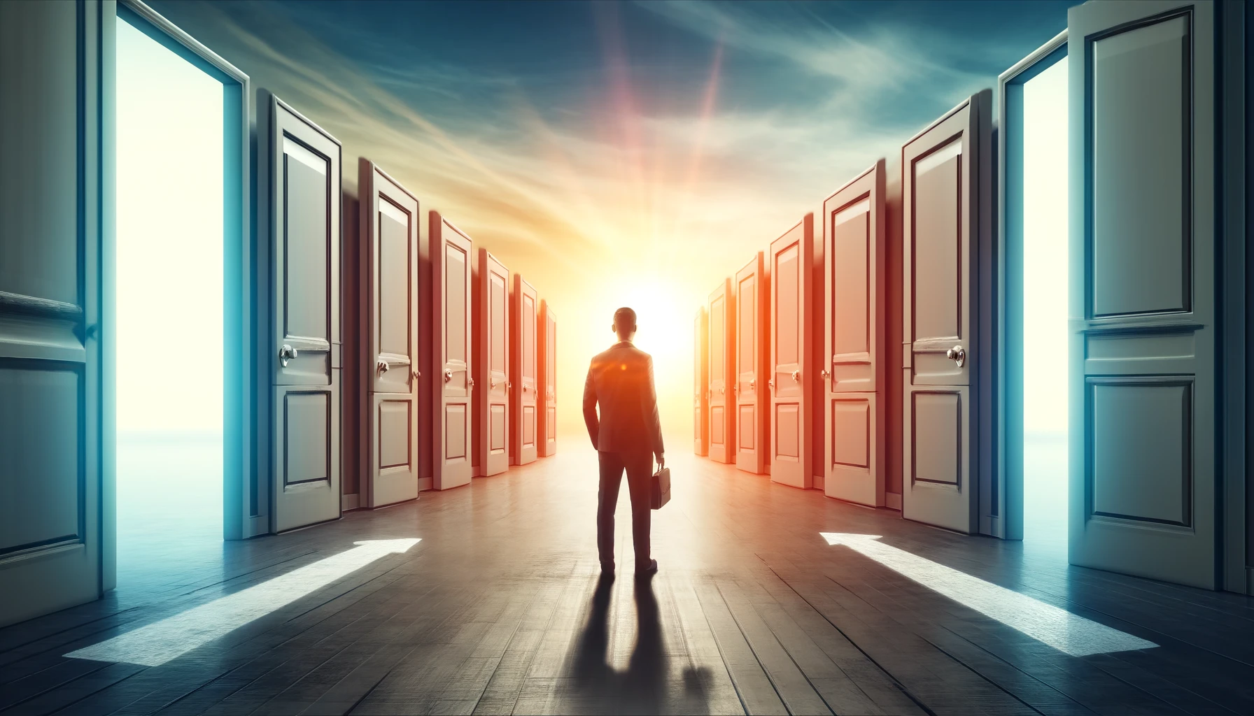 A determined person standing in front of a series of doors, each representing an opportunity. The background features a pathway leading to bright, sunny skies, symbolizing a journey towards success. The scene is vibrant and inspirational, emphasizing hard work, perseverance, and seizing opportunities.