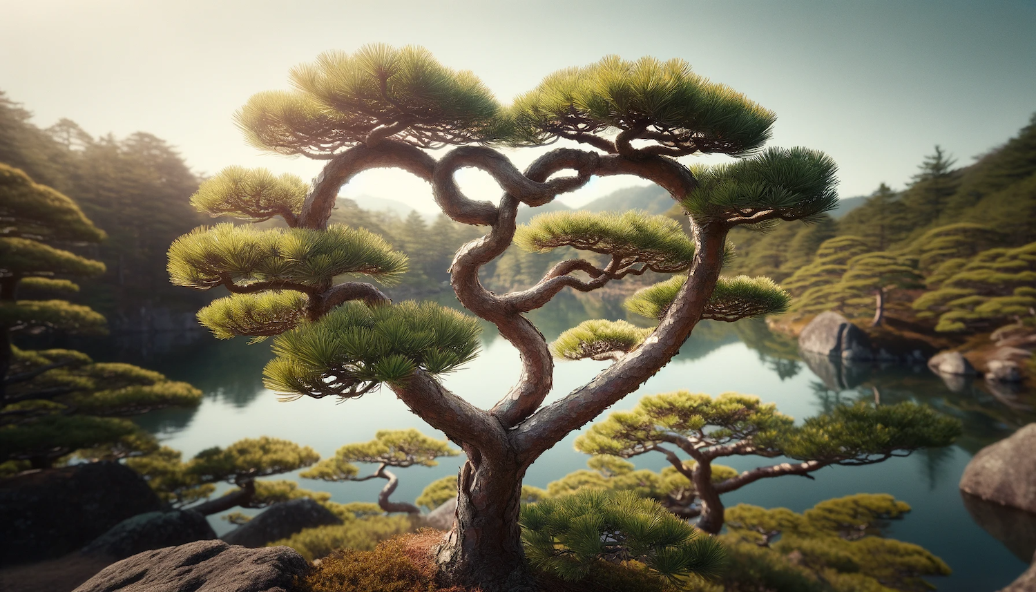 showcasing a close-up of a pine tree with branches that intertwine to form a subtle heart shape, set against a blurry background with a serene lake, all under great weather conditions. The photo captures the essence of tranquility and the subtle presence of love in nature in this wider perspective.