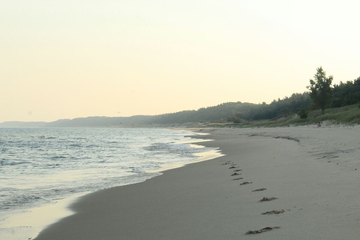 Footprints in the sand lead along a tranquil, empty beach at sunset, with gentle waves lapping the shore and forested hills in the distance under a pale sky.